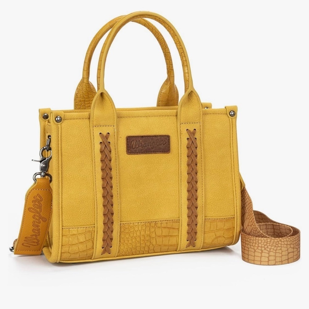 Wrangler small tote crossbody bag yellow and tan vegan leather, detachable strap
